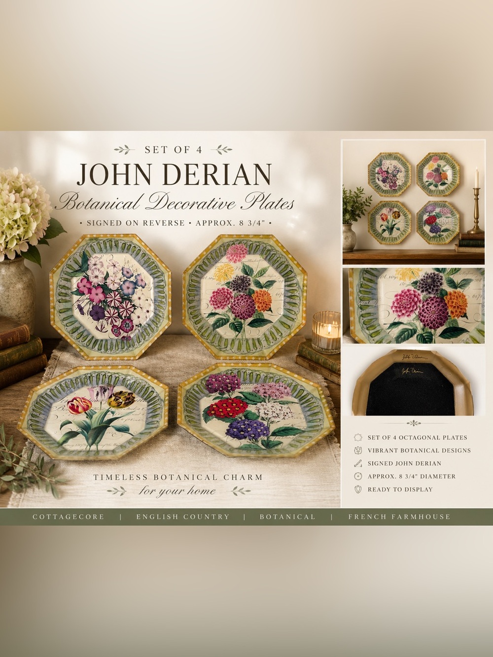Set of 4 John Derian Botanical Decorative Plates — Green/Multicolor